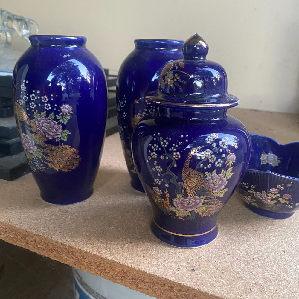 Vintage Cobalt Blue and Gold trim porcelain Japanese ginger jar and vases set